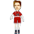 Pixelated figure with brown hair wearing red shirt and shorts, white socks, and dark shoes against gray background.