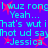 Pixelated text and red starbursts on a purple background with cyan lettering, repeating phrases and names in a retro digital style.