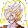 Pixelated character with spiky hair and yellow aura, shown in five sequential poses against gray background.