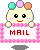 Pixelated character with three colored dots on head holds pink checkered frame with red 'MAIL' text, smiling with pink cheeks.