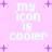Pixelated text 'my icon is cooler' repeated four times on a pink background with purple star shapes, no visible animation changes.