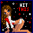 Pixel art contact sheet showing two animated frames of a cartoon woman in red and white outfit against starry background with "HIT THIS" text.