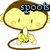 Pixelated cartoon monkey with brown hair and tail, yellow face and body, holding a white object near its mouth under blue text reading 'spoofs' on a white background.