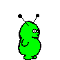 Green pixelated alien with two antennae in various poses including front, back, side views and different facial expressions.