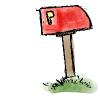 Red mailbox with yellow 'P' symbol on front, brown post, green grass base, Snoopy character emerging from mailbox in