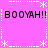 Pixelated text and decorative elements on a solid pink background with white border accents.