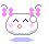 A 4-frame pixel art contact sheet of a cute white cartoon character with pink flower hair clips, blue eyes, and pink cheeks in various expressions against a gray background.