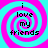 Four identical display a cyan and magenta spiral background with black text reading "i love my friends" in pixelated font