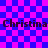 Pixelated text 'Christina Christina' repeated twice on a blue and pink checkered background with a faint heart outline.