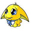 Yellow cartoon creature with blue bow tie, large eyes, and wing-like ears in various expressions