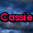 Pixelated text 'Cassie' in bright pink with black outline against blue gradient background.