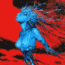 Blue-skinned figure with flowing hair against red background; black-clad figure surrounded by blue energy bursts; dark winged creature on orange flame-like backdrop.