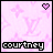 Pixelated pink background with repeating monogram pattern, heart symbol in top-right corner, and text 'courtney' at bottom.