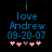 Blue pixelated text on black background reads 'i love Andrew 09-20-07' with five pink hearts below, two of which shift position between frames.