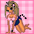 Pixel art contact sheet with two frames showing a cartoon character and text on pink checkered background.