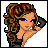 Pixelated cartoon woman with curly brown hair and blue eyes holding a black phone to her ear, displayed in a 2x2 contact sheet layout with text elements surrounding the icon frame.