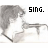 A pixelated anime-style character with long hair sits at a table, the text "SING." appears above them in black block letters.