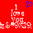 Red background with white pixelated text reading "I love You" and a blue heart symbol above the text, repeated twice side-by-side.