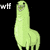 Pixelated green llama-like creature with elongated neck and mouth open, standing against black background.