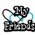 Pixelated icon with black text 'My Friends' and two interlocking heart shapes in dark gray and cyan on white background.
