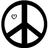 Black and white pixelated peace symbol with a small gray heart-shaped pixel cluster on the left side of the upper left section.