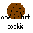 Pixelated brown cookie with black chocolate chips above pixelated text reading "one tuff" and "cookie" on white background.