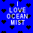 Blue background with scattered black heart shapes and white text reading "I LOVE OCEAN MIST" in pixelated font.