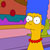 Yellow cartoon character with blue hair and red collar stands against colorful background with red circular shapes and purple wave-like pattern.