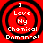 Four identical circular red and black pixelated icons with white text reading "I Love My Chemical Romance!" arranged in a on a solid red background