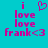 Pixelated cyan background with pink text and symbols: 'i' above a heart, two 'love' lines, and 'frank<3' at bottom.