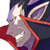 Pixelated static icon of an anime-style character with purple hair and large ears wearing a red cape over dark clothing against a white background.