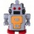 Pixelated robot icon with red eyes, orange chest panel, and red feet on white background