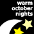 Static pixel art icon featuring white text reading "warm october nights" above a white crescent moon and two yellow stars on a black background.