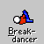 Pixelated breakdancer icon with blue limbs and red torso performing various poses around a white ball on gray background.