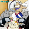 Pixelated anime-style character with white hair and blue mask holds a cat-like creature, wearing a blue-and-white striped garment with red trim.