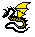 Pixelated dragon with yellow wings and black body in two poses against gray background.