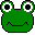 Green pixelated frog head with white eyes and black pupils, displaying multiple facial expressions across a