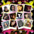 small character portraits on a dark background with yellow accents, surrounded by red text names on cyan. The top-left section shows multiple square faces in and