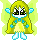 Pixelated character with long yellow hair, blue ears, and a yellow dress, shown in two expressions against a light green background.