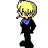 Pixel art character with blonde hair and blue neckerchief in black suit, performing sequential actions against gray background.
