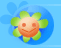 Two pixelated flower-shaped icons with smiling faces on blue backgrounds, one with green petals and orange center, the other with pink petals and yellow center.