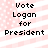 Pixelated text 'Vote Logan for President' on a pink and white striped background with small white dots.