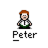 Animated contact sheet of pixel art character Peter with multiple speech bubbles and facial expressions across 18 frames on gray background