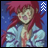 Pixelated anime character with red hair and light blue jacket, hands clasped near chest, blue background with white dots, showing arrow symbol changes