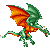 Pixelated green dragon with orange wings in five sequential animation frames showing flight motion against gray background.