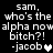 Pixelated text on black background reads 'sam, who's the alpha now bitch?! -jacob' with a heart symbol, showing animation changes in heart color.