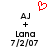 Red pixelated heart symbol above two identical text blocks with 'AJ', '+', 'Lana', and date '7/2/07' in black on white background.