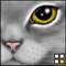A close-up of a cat's face showing its eye and nose on a gray background with pixelated details.