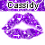 Purple lips with white sparkles and plus signs on a white background, labeled 'Cassidy' in black text on a purple banner above.