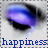 A four- of stylized eyes with purple and blue eyeshadow, each showing a different text segment forming the phrase 'happiness is just a tear drop away'